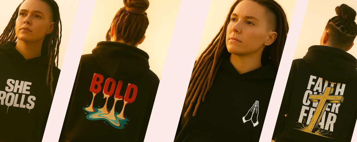 Four black hoodies with different text and graphics on a light background